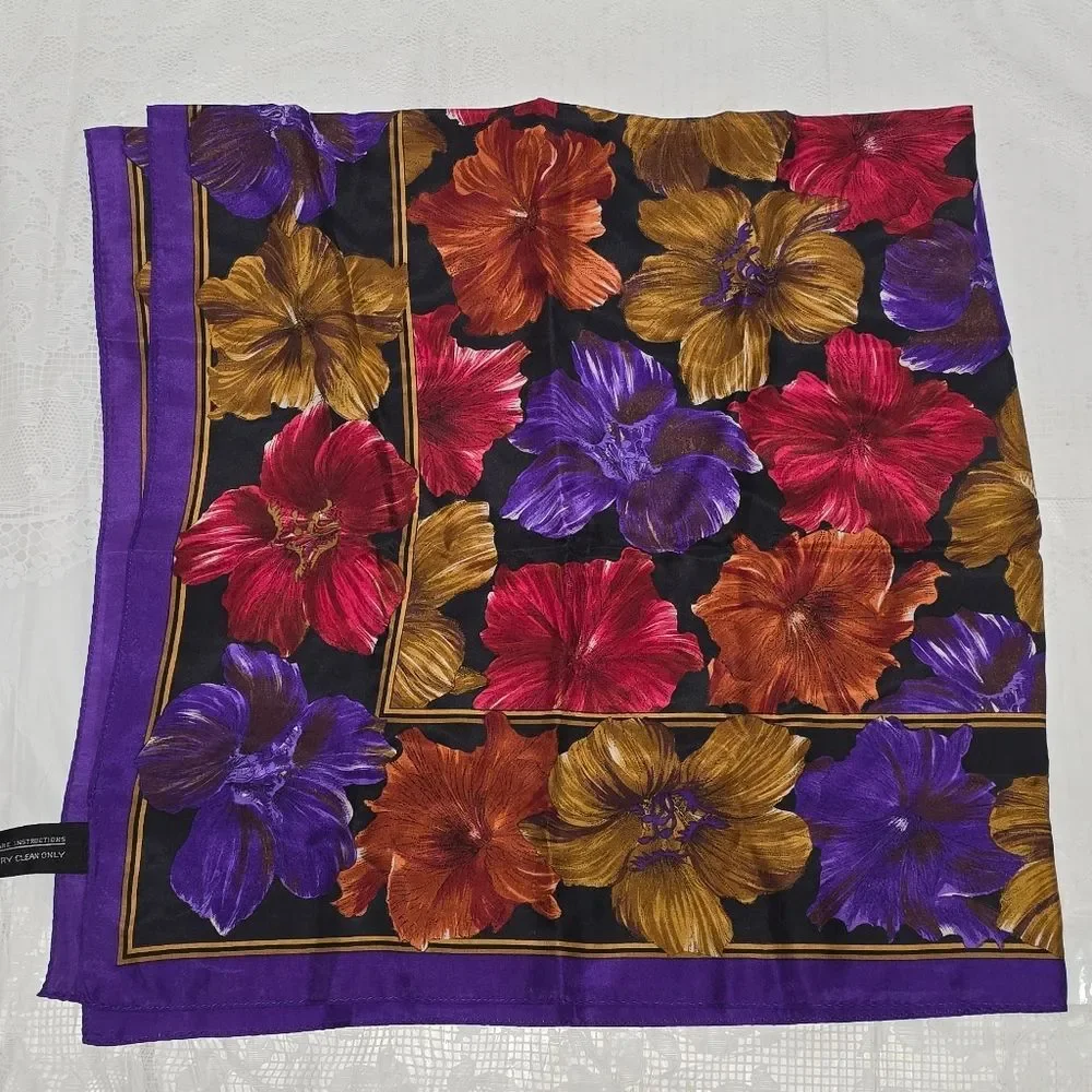 Vintage Specialty House 100% Silk Purple Hibiscus Floral Square Scarf Korea